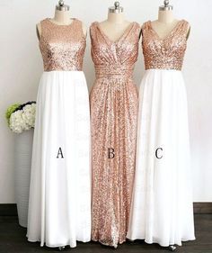 three bridesmaid dresses with gold sequins on them