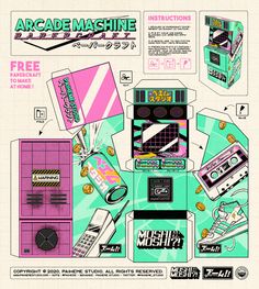 an advertisement for arcade machine with various items and instructions to make it look like they are from the 80s's