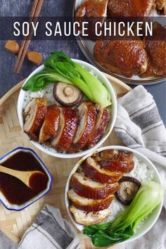 two bowls filled with meat and vegetables on top of a wooden tray next to chopsticks