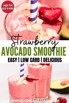 strawberry avocado smoothie in two glasses with strawberries