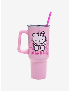 a pink hello kitty cup with a straw in it