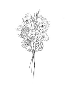 a black and white drawing of flowers on a white background