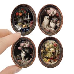 three pictures of cats and flowers in miniature frames