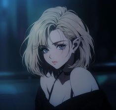 an anime character with blonde hair and blue eyes looks at the camera while standing in front of a dark background