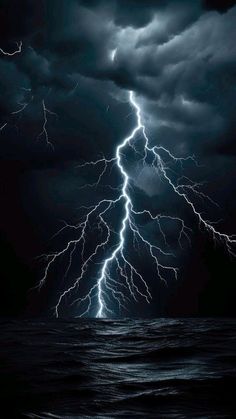 a lightning storm over the ocean with dark clouds