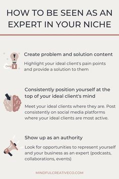 an info sheet with the words how to be seen as an expert in your niche