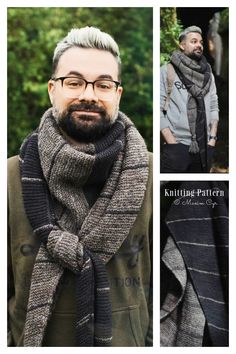 a man wearing glasses and a scarf in front of trees with the words knitting pattern on it