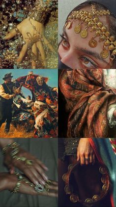 the collage shows several different images with gold jewelry on their faces and hands, including an image of a woman's face