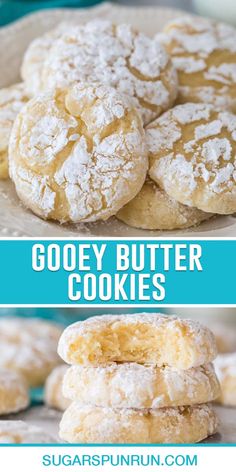 two pictures side by side with the words gooey butter cookies in front of them