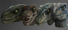 three dinosaurs with their mouths open and eyes wide open