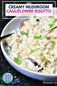 a white bowl filled with rice and mushrooms