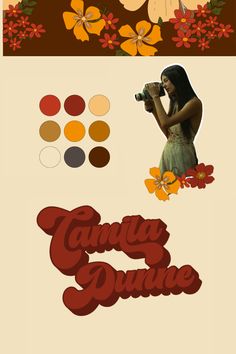 an image of a woman holding a camera in front of flowers and the words gaug dume