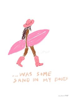 a drawing of a girl in pink boots and a hat with a surfboard on it