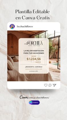 an advertisement for a hotel with a bed in the background