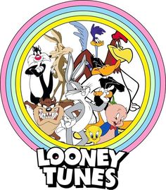 the looney tunes logo with many cartoon characters in a circle around it, including an angry