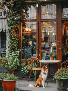 a dog sitting on the sidewalk in front of a restaurant with potted plants outside