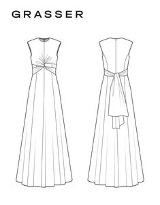 the front and back view of a dress with an attached sash, designed by grasser