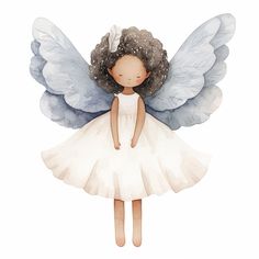 a watercolor painting of an angel with white dress and blue wings, standing in front of a white background