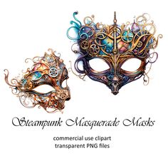 two masquerade masks are shown with the words steampunk, masquerade mask