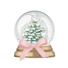 a snow globe with a christmas tree inside it and a pink bow on the top