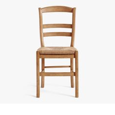 a wooden chair with a woven seat pad on the back of it, against a white background