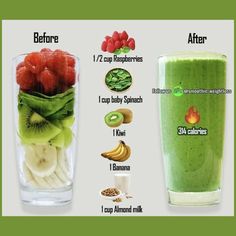 a glass filled with green smoothie next to a cup full of bananas and kiwis