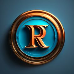 the letter r is inscribed in gold on a blue background with an orange ring around it