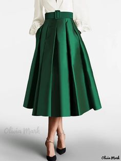 Olivia Mark - Classic Plain A-Line Skirt with Included Belt Umbrella Silhouette, Green Satin Skirt, Skirts Style, Plain Skirt, Blue Floral Skirt, Kente Styles, Elegant Skirt, Satin Shirt, Satin Skirt