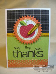 a handmade thank card with an apple and pencil in the shape of a sunburst