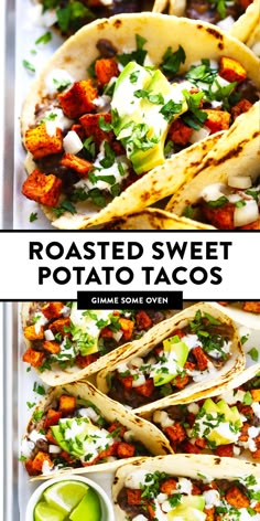 roasted sweet potato tacos with avocado salsa and sour cream on the side