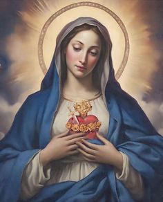 the immaculate mary holding a heart in her hands