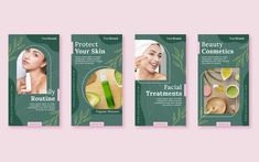 three vertical banners with images of woman's face and ingredients for facial care on them