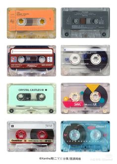 cassette tapes are arranged in different colors and sizes