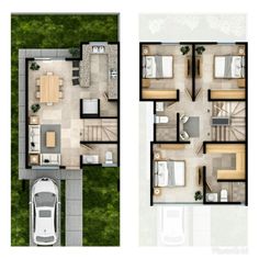 two story house plans with one car parked in the driveway and another view from above