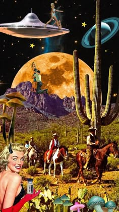 an image of a woman in the desert with aliens flying over her and people riding horses