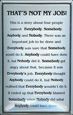 a sign that says, that's not my job this is a story about four people named everybody somebody and nobody