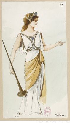 a drawing of a woman in ancient greek dress holding a staff and wearing a headdress