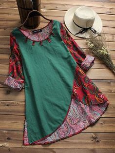 Fashionable Women Printed Patchwork Irregular Hem Vintage T-shirts Online - NewChic Mobile Fashion Trend Pattern, Girls Frock Design, Pakistani Dresses Casual, Kids Designer Dresses, Kids Fashion Dress, Moda Chic, Elegante Casual, Trending Fashion Outfits, Irregular Hem