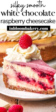 a slice of white chocolate raspberry cheesecake on a plate