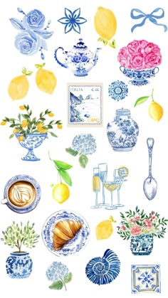 watercolor painting of blue and white dishes with lemons