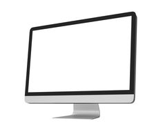 a computer monitor sitting on top of a metal stand with a white screen in front of it