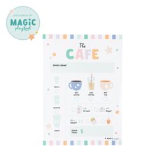 a card with the words cafe on it and an image of coffee cups in different colors