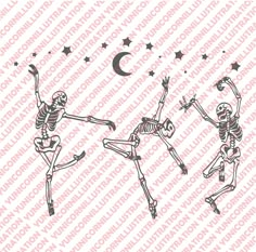 three skeletons dancing with the moon and stars above them