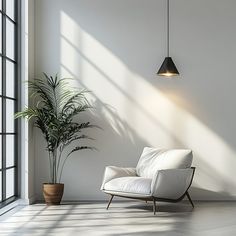 an empty room with a chair, potted plant and large windows on the wall