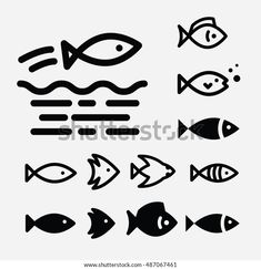 black and white fish icon set