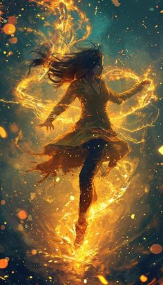 a woman is dancing in the fire with her arms spread out and hair blowing back