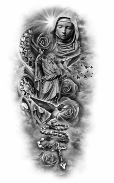 a black and white drawing of a woman with roses on her arm, surrounded by other tattoos