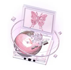 a pink object in a clear case with butterflies on it