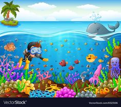 an underwater scene with fish and marine life on a blue sea illustration for children's books