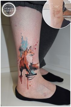 a woman's leg with a watercolor painting on it and an image of a fox